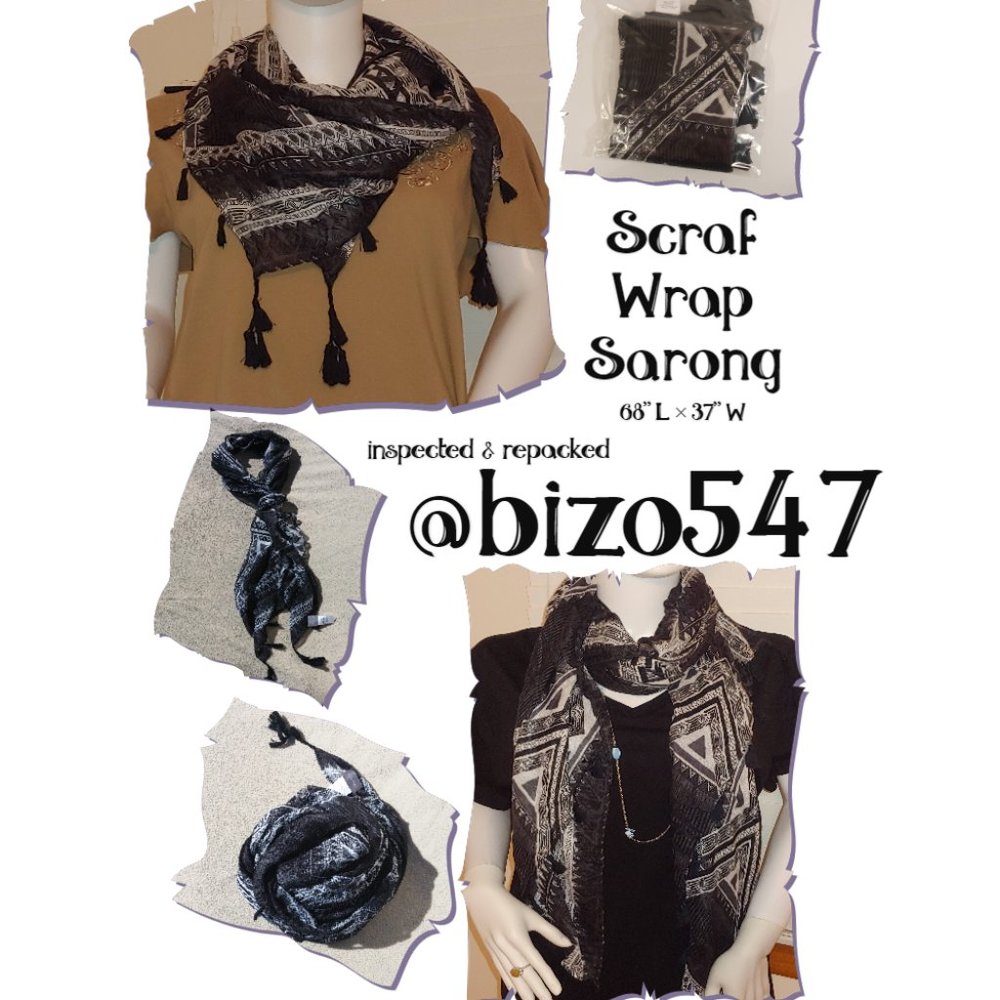 Black White Geometric Print Scarf Wrap Shawl Sarong Unisex Tassel Fringe NWOT